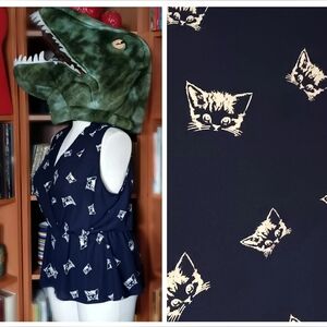 Modcloth Jessy B Cat Print Sleeveless Surplice Peplum Blouse Top